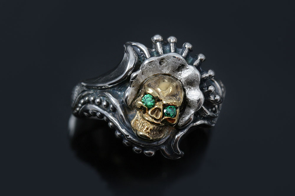 Antaneli Green CZ Eyed Bronze Skull Oxidized Silver Ring LR-133