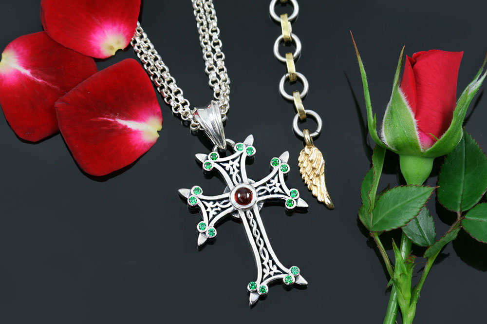 Apostolic Cross Silver Necklace With Green Zircon & Red Garnet Stones PT-155GR