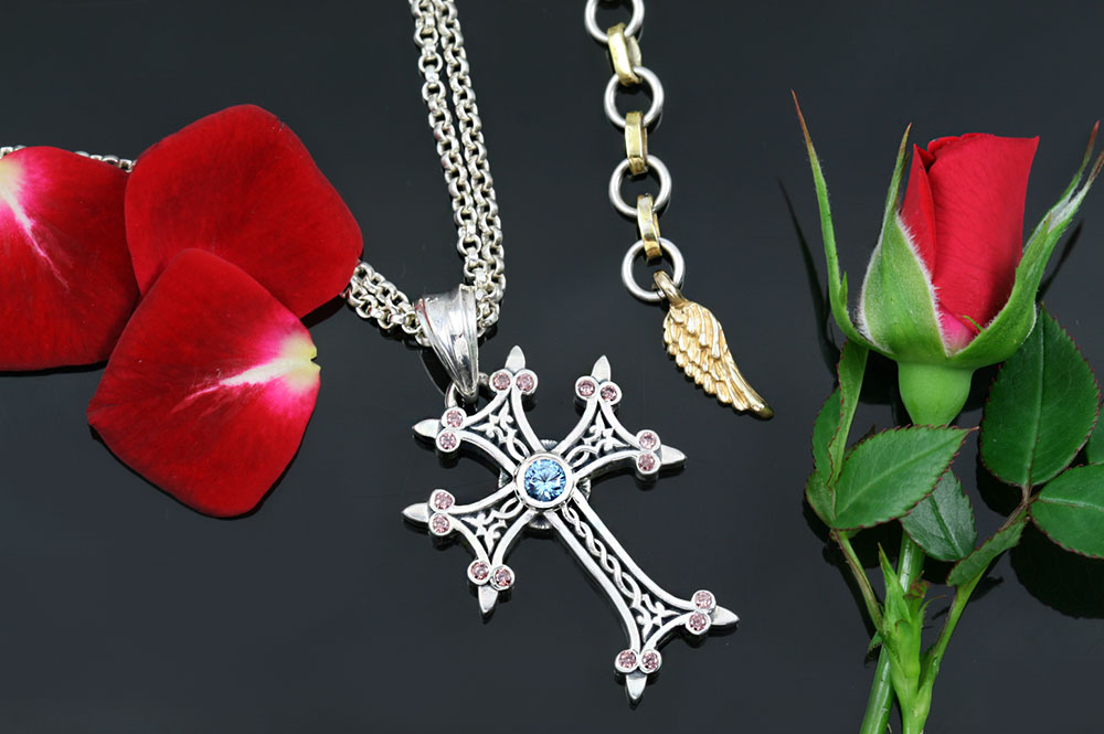 Apostolic Cross Silver Necklace With Pink Coffee & Light Blue Zircon Stones PT-155PCLB