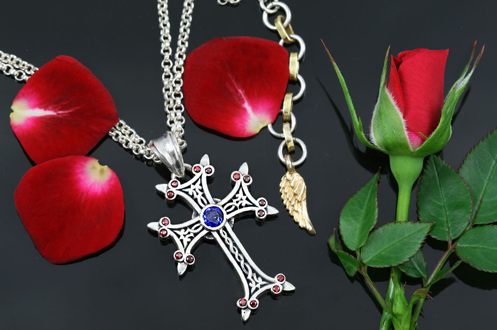 Apostolic Cross Silver Necklace With Red & Blue Zircon Stones PT-155RB