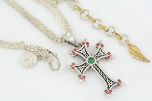 Apostolic Cross Silver Necklace With Red & Green Zircon Stones PT-155RG