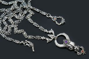 Artemis Amethyst Flower Crowned Impala Head Silver Necklace NK-141