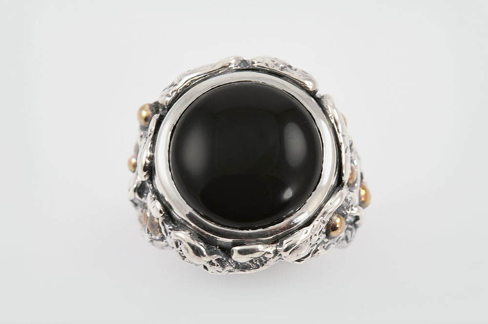 Black Sea Onyx Cabochon Modern Oxidized Silver Ring LR-064