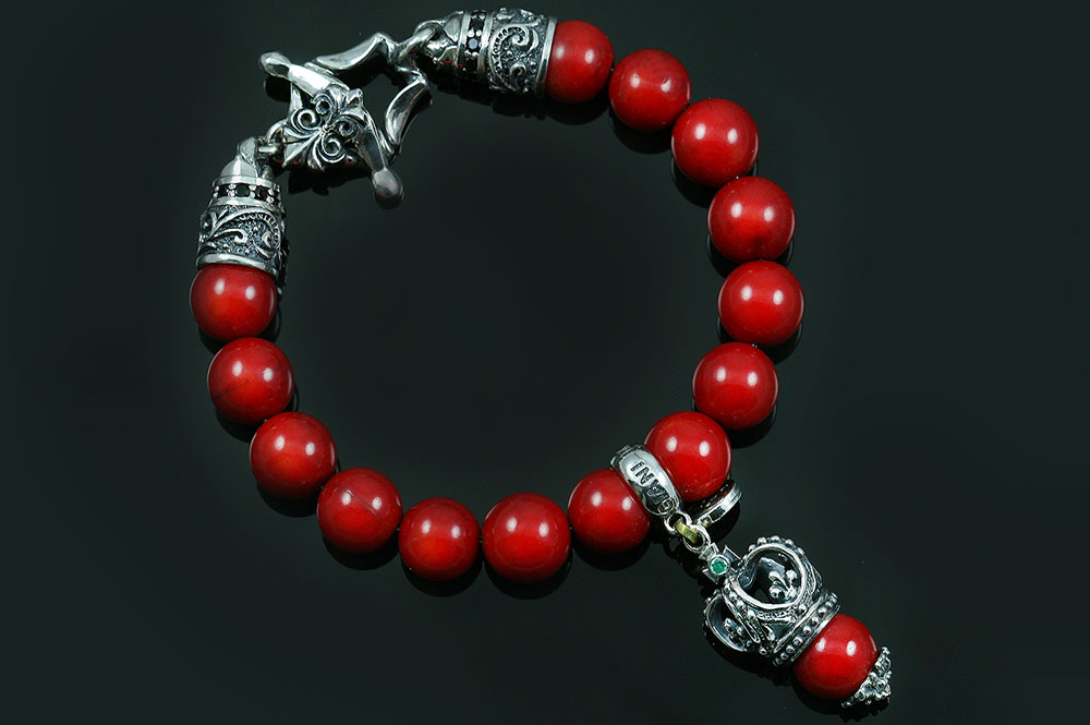 Bohemia Crown Silver Charm 10mm Red Coral Beaded Bracelet BB-034RC