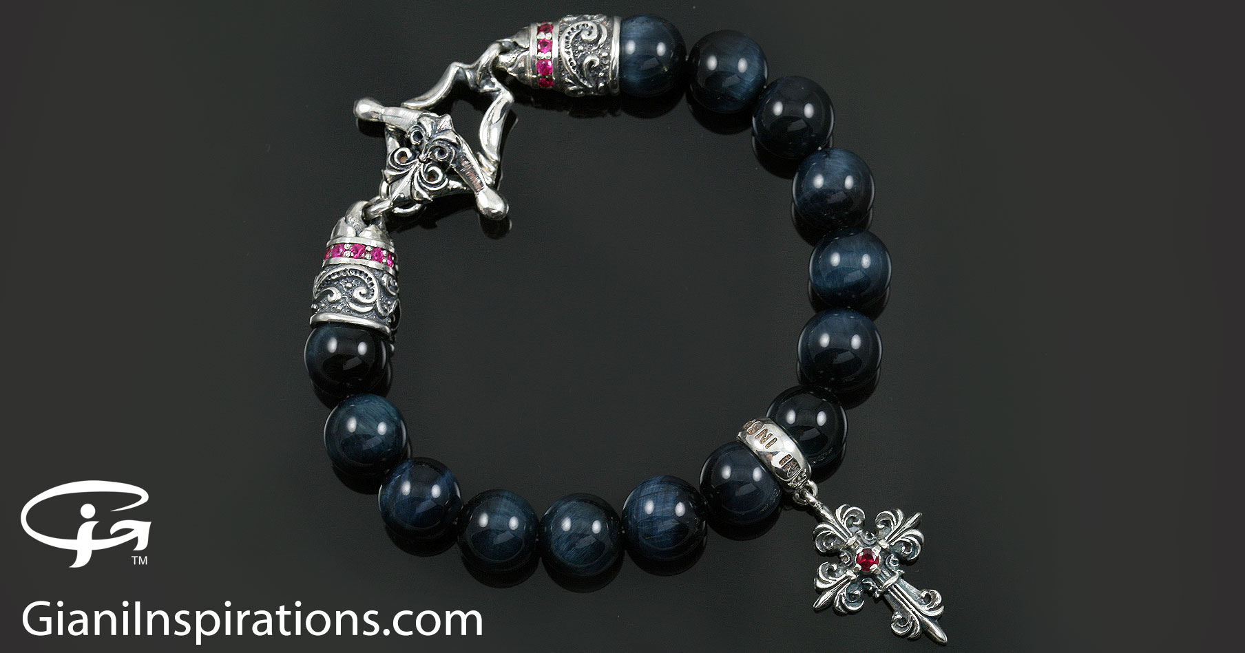 Mens Elastic Silver Cross Bracelet with Tigers Eye Beads