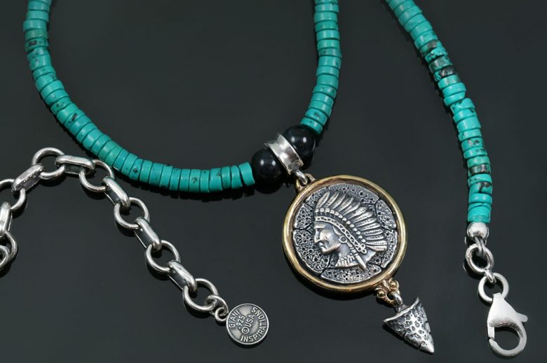 Cherokee Native American Turquoise Beaded Silver Necklace BNK174