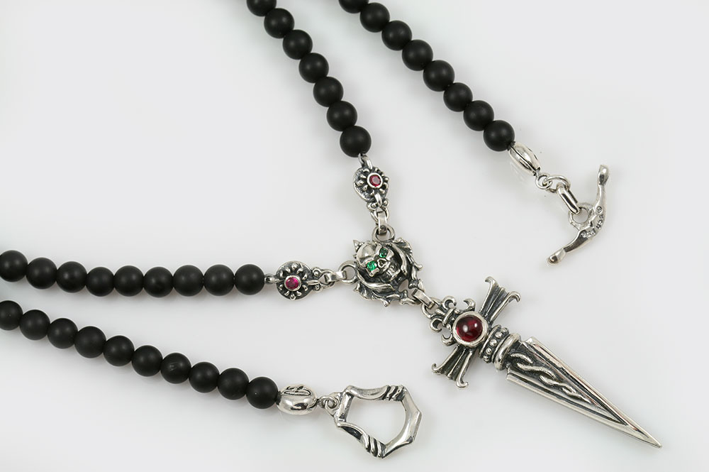 Silver Beads and Black Onyx Heart Dragon Necklace with Black Chain