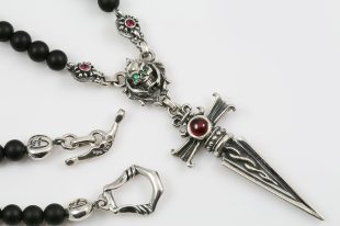 Debrina Red Corundum Ruby Dagger & Green Eyed Skull Silver Necklace With 4mm Black Matte Onyx Beads BNK-189