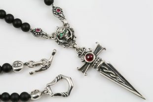 Debrina Red Corundum Ruby Dagger & Green Eyed Skull Silver Necklace With 4mm Black Matte Onyx Beads BNK-189