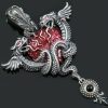 Dragon Wrapped Human Heart Red Enamel Silver Pendant PT-169E