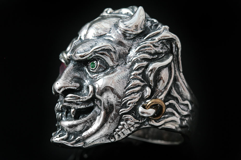 Dual Demon Skull Silver Ring MR-001