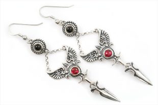 Faustina Historic Winged Dagger Sterling Silver Earrings with Cabochon Corundum Ruby and Cabochon Onyx ER-015
