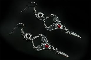 Faustina Historic Winged Dagger Sterling Silver Earrings with Cabochon Corundum Ruby and Cabochon Onyx ER-015