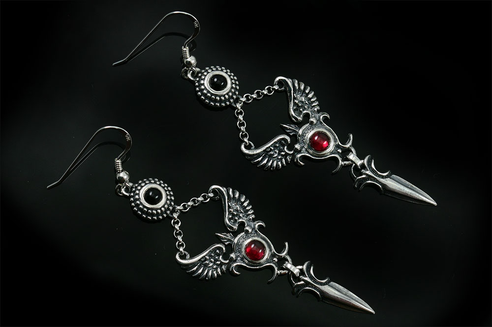 Onyx & Silver Dagger Earrings Handmade