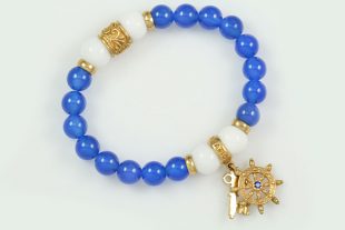 Fortuna Sheep Wheel & Golden Key 8mm Blue Agate & White Jade Beaded Bracelet BB-077