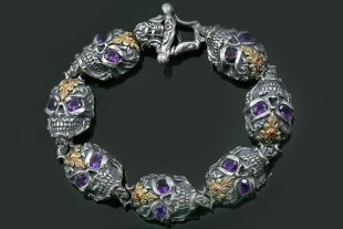 French Skull Amethyst Eyes Luxurious Gold & Silver Bracelet BR-047
