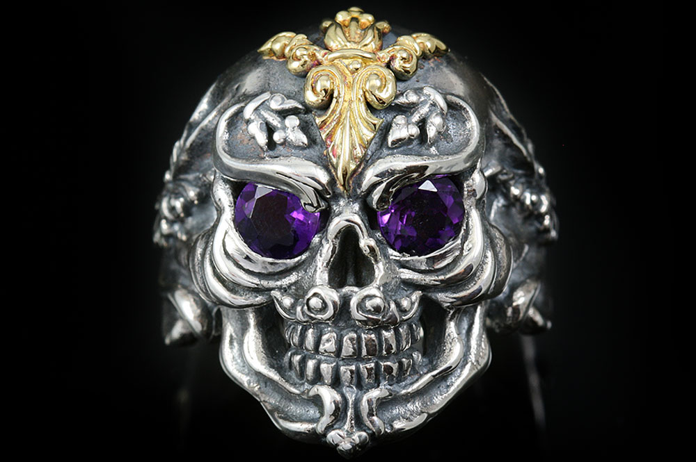 French Skull Gold Amethyst Eyes Silver Ring MR-005G