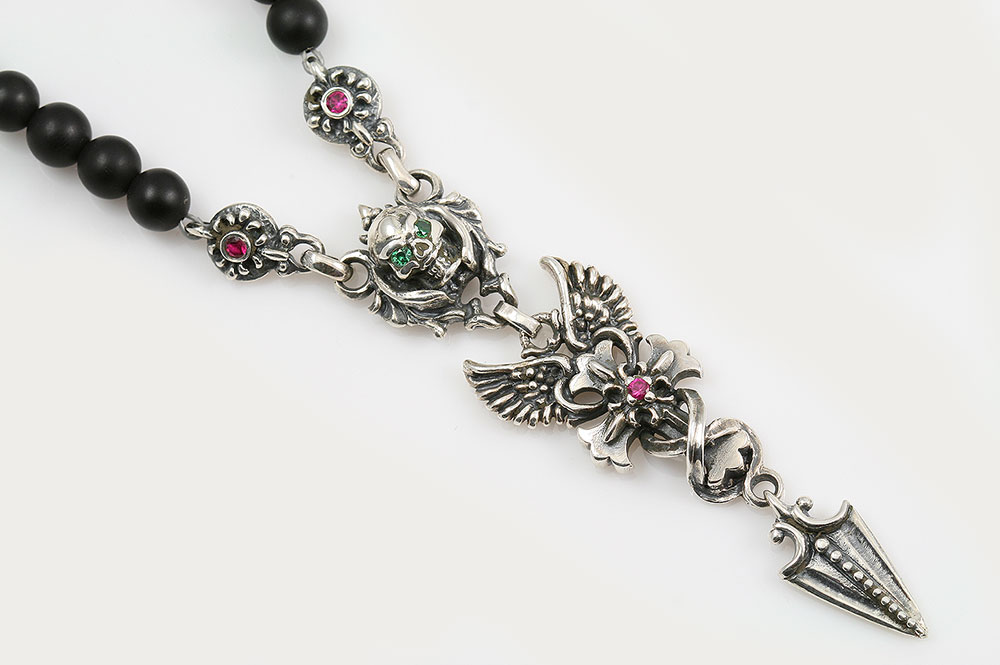 Gabriella Drop Arrow Angel Winged Cross & Green Eyed Skull Silver Necklace with Black 4mm Matte Onyx Beaded BNK-191