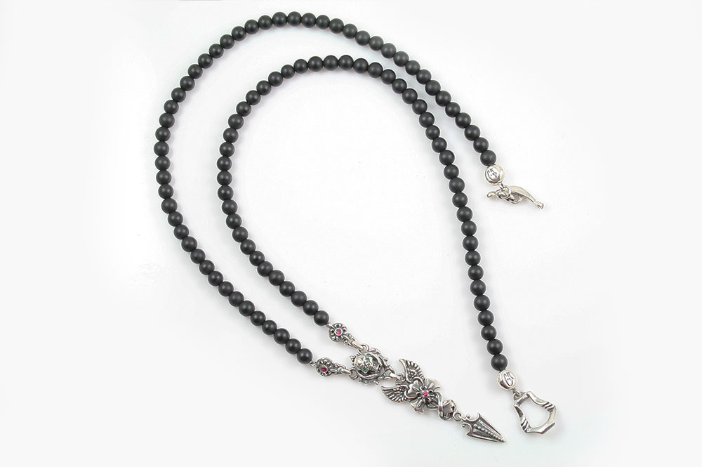 Gabriella Drop Arrow Angel Winged Cross & Green Eyed Skull Silver Necklace with Black 4mm Matte Onyx Beaded BNK-191