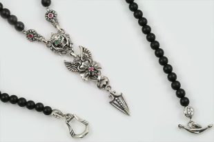 Gabriella Drop Arrow Angel Winged Cross & Green Eyed Skull Silver Necklace with Black 4mm Matte Onyx Beaded BNK-191