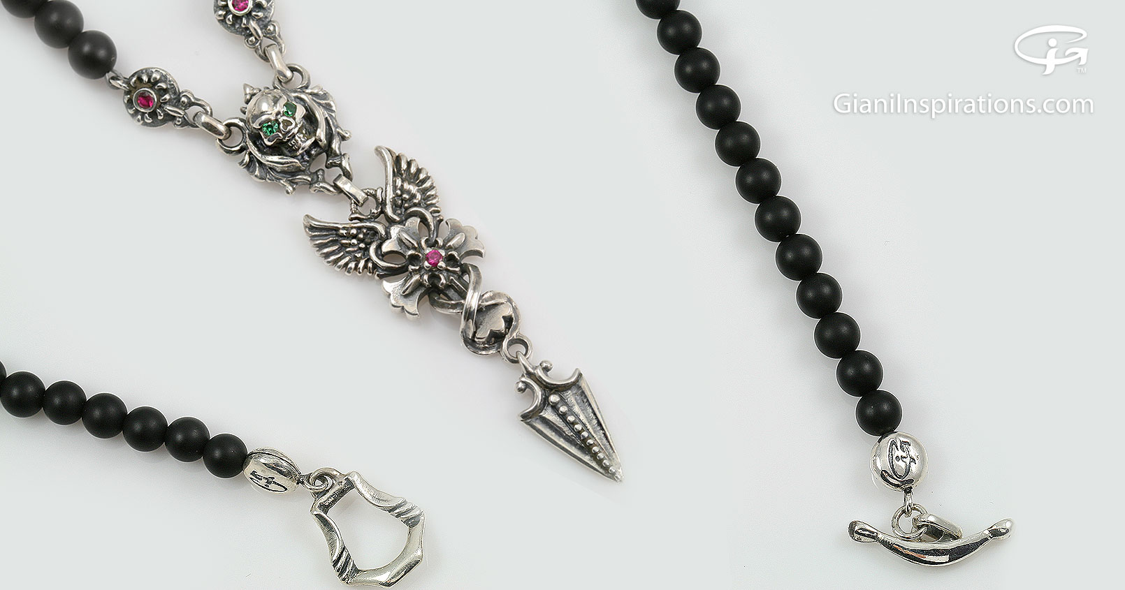 Gabriella Drop Arrow Winged Cross & Skull Black Onyx Beaded Silver Necklace  BNK-191