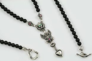 Gabriella Drop Heart Angel Winged Cross & Green Eyed Skull Silver Necklace with Black 4mm Matte Onyx Beaded BNK-190