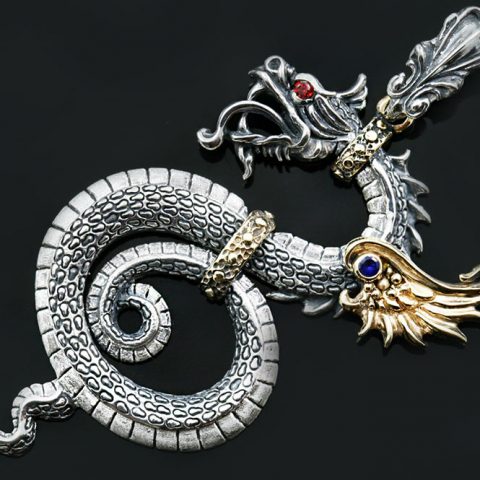 Varden Golden or Bronze Winged Red Eyed Dragon Two Tone Silver Pendant ...