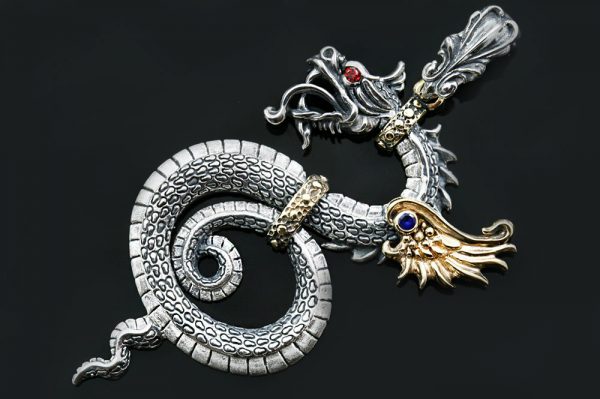 Varden Golden or Bronze Winged Red Eyed Dragon Two Tone Silver Pendant ...