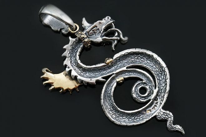 Varden Golden or Bronze Winged Red Eyed Dragon Two Tone Silver Pendant ...