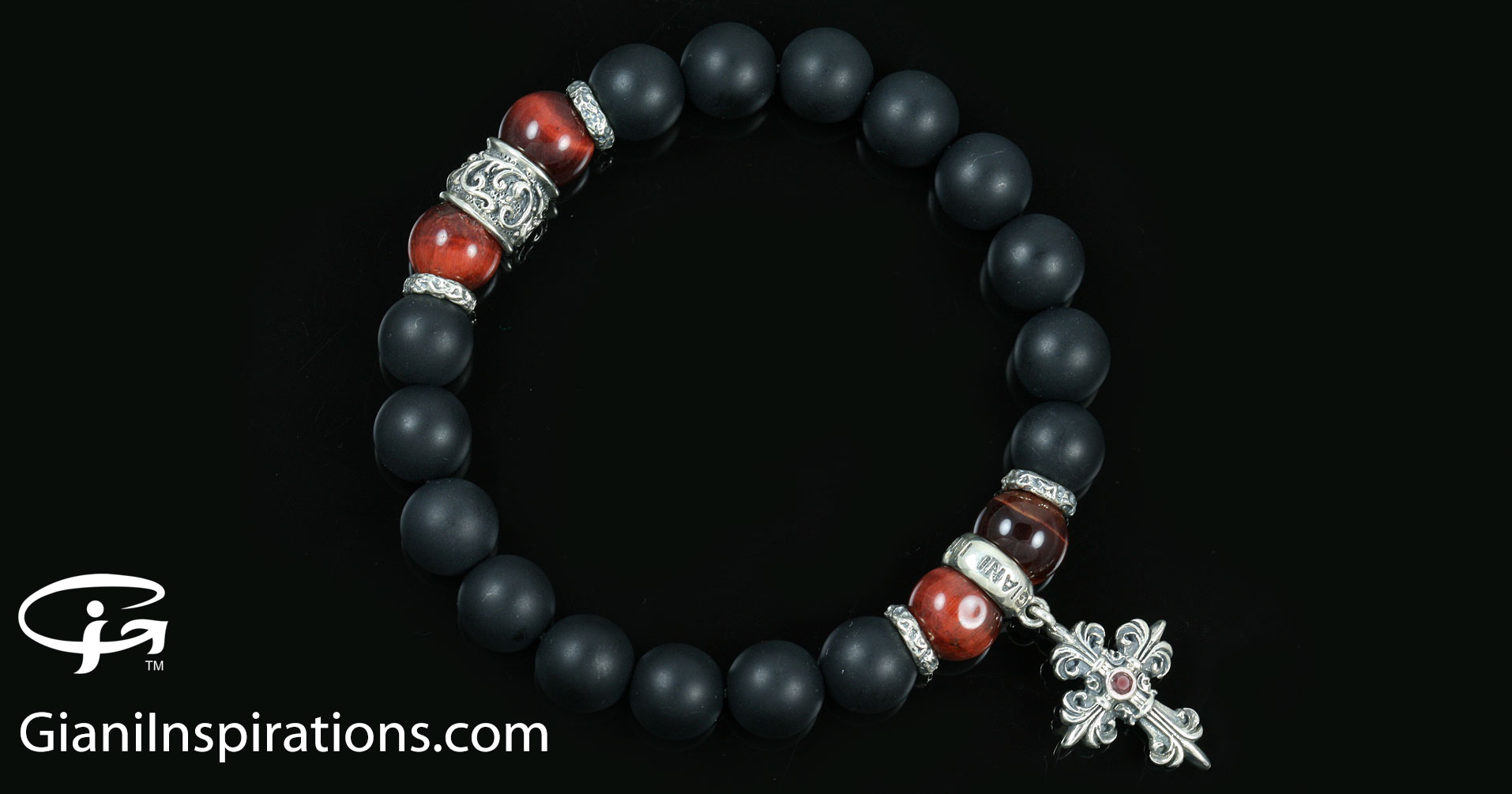 Bracelet: Red Aventurine and Matte Black top Onyx Double-Drilled Beads; Bali Sterling Silver Spacers; Black Lip Shell & Sterling Heart Clasp