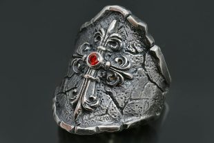 Gothic Cross Red Ruby or Garnet Antique Oxidized Silver Ring UR-124