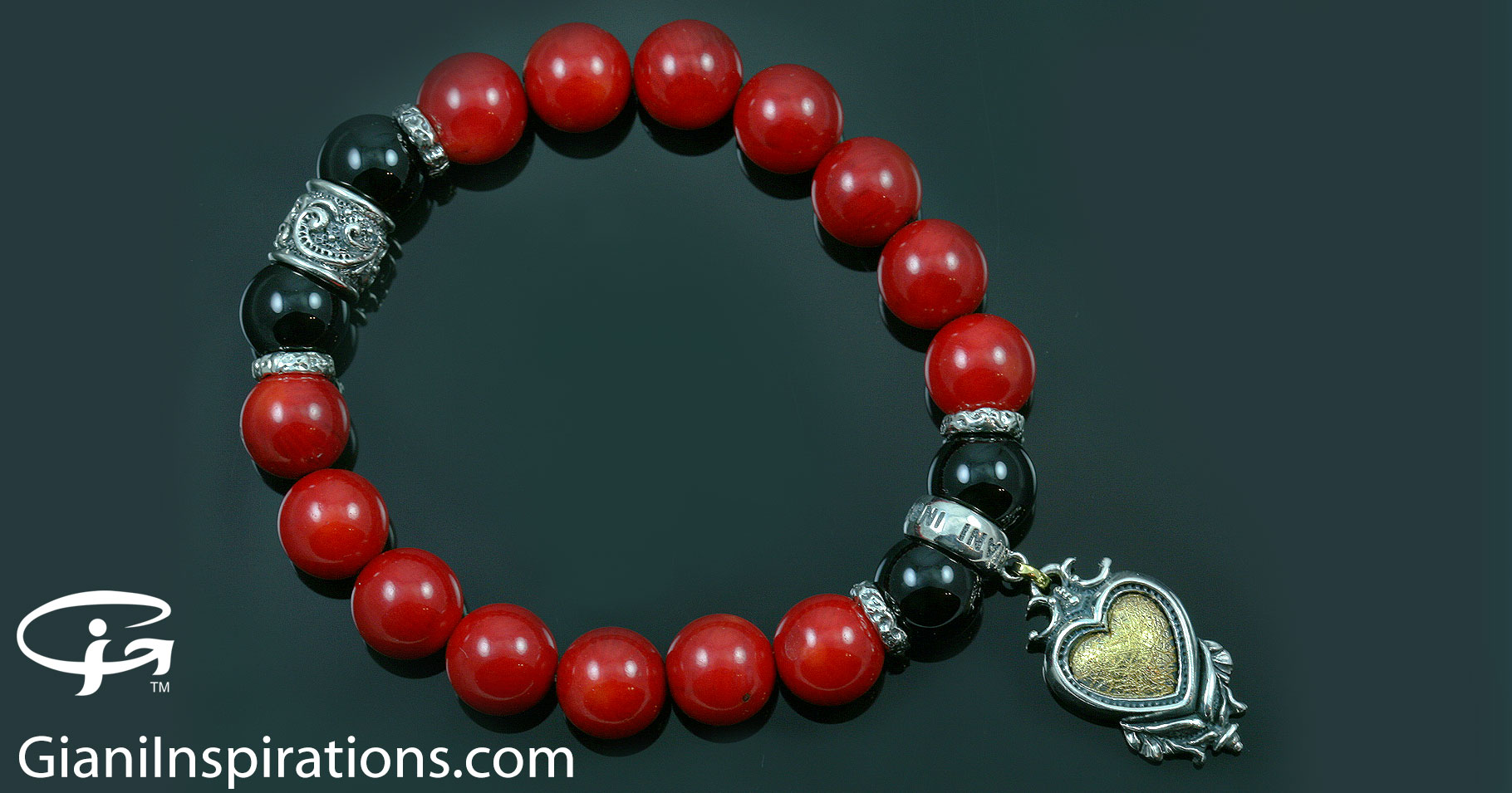 Gothic Heart 10mm Red Coral & Shiny Black Onyx Beaded  display picture 1