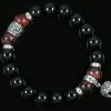 Iron Face Skull Silver 10mm Red Tiger Eye & Shiny Black Onyx Beaded Bracelet BB-055