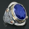 King Ring Heraldic Rampant Lion Blue Corundum Silver Ring MR-119B