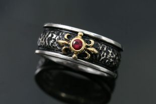 Knight Band Sterling Silver Ring with Red Garnet MR-056