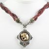 Leonidas Lion Head Garnet Beads & Stingray Skin Silver Necklace NK-142