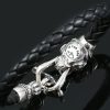 Leorda Ruby Eyed Panther Head Bolo Leather Braided Silver Bracelet BR-045
