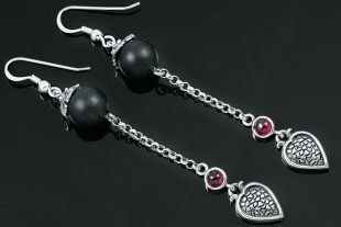 Liaro Onyx Beads Silver Heart Drop Earrings ER-008