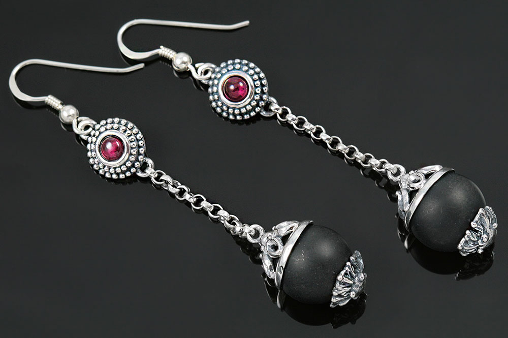 Margo Matte Onyx Beads & Red Ruby Silver Drop Earrings ER-019