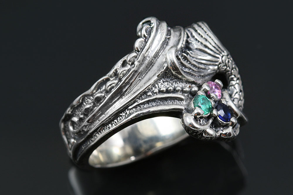 Mermaid Colorful Unique Oxidized Sterling Silver Ring LR-106