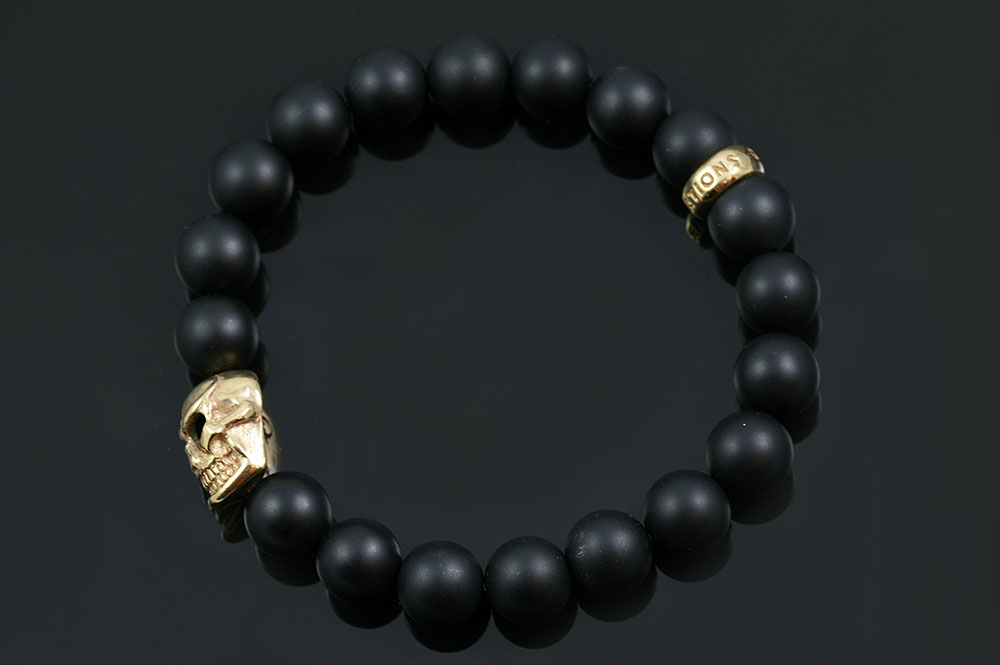 Neron Italian Bronze Skull 8MM Matte Black Onyx Beaded Bracelet BB-054B