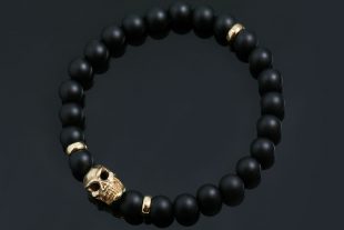 Neron Italian Bronze Skull 8MM Matte Black Onyx Beaded Bracelet BB-054B