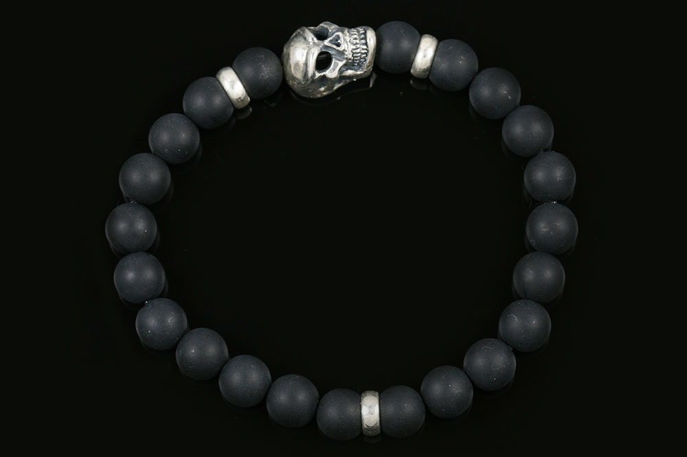 Men's elastic bracelet gothic bracelet,men's jewelry black bracelet with silver details,silver SKULL bracelet,onyx matte bracelet