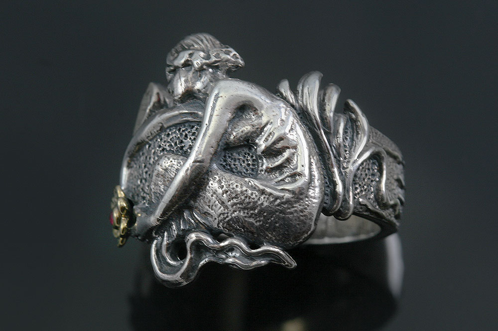 Nymph Mermaid and Flower Two Tone Oxidized Silver Ring LR-107