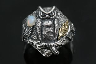 Owl Under Opal Moon Sterling Silver Ring LR-137