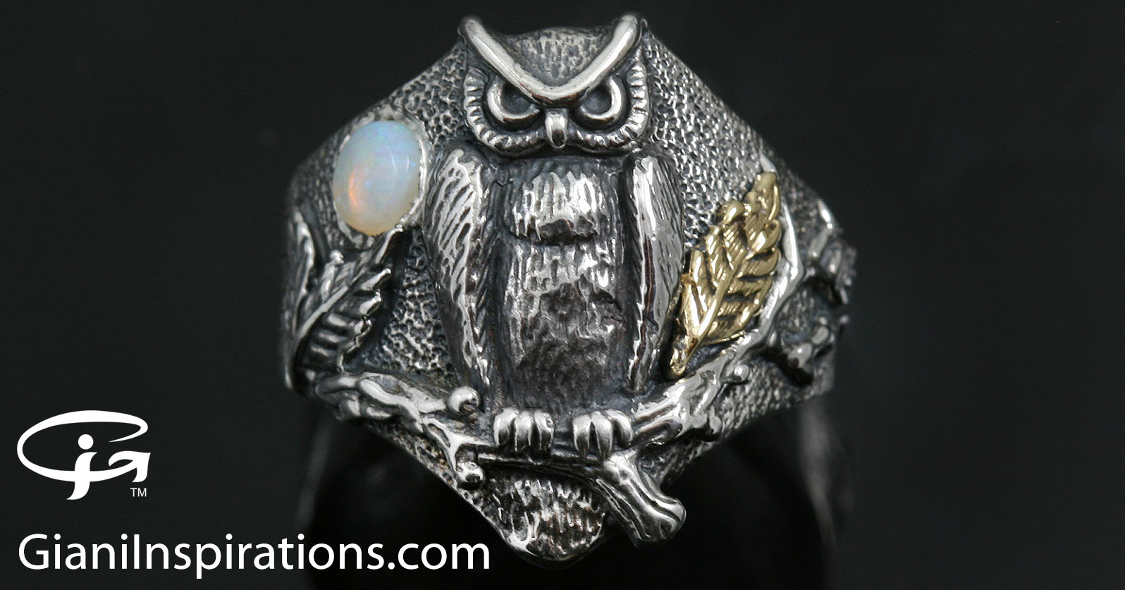 Owl Under Opal Moon Sterling Silver Ring LR-137