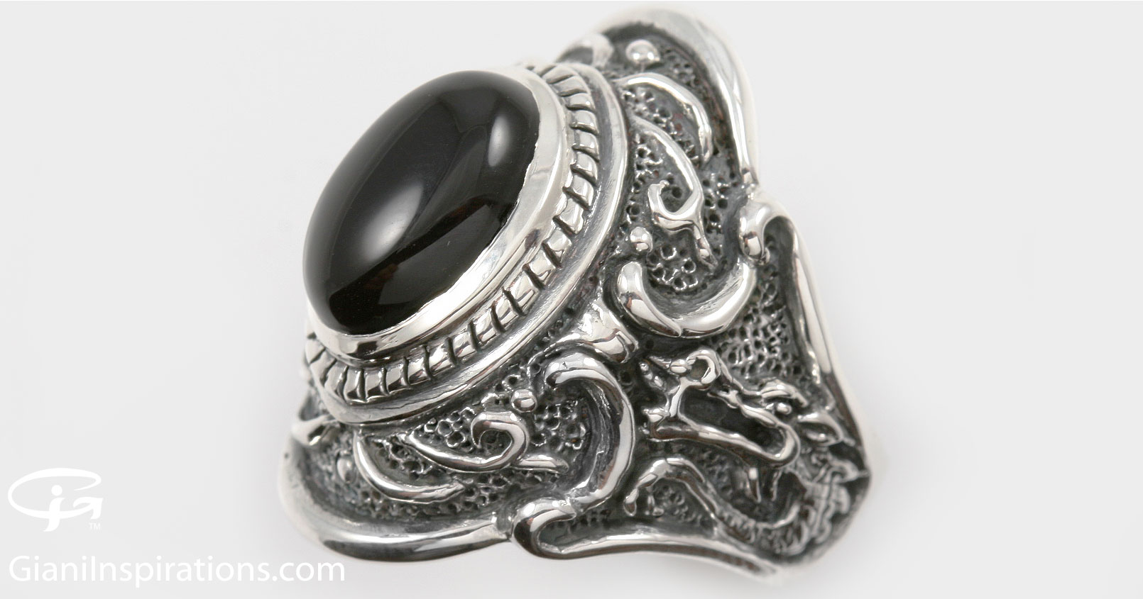 Fairy Tale Gothic Heart Ring 9 Black Onyx Cabochon