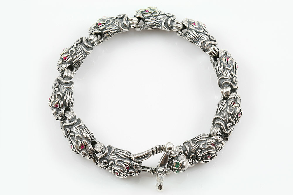 Panther Head Link Silver Bracelet With Skull Closure BR-028