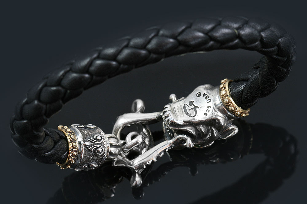 Pantheron Panther Head Leather Braided Silver Bracelet BR-044