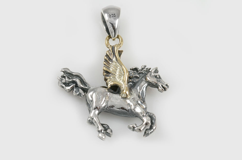 Vintage Black Horse Pegasus Cabochon Glass Tibet Silver Pendant Keychain 